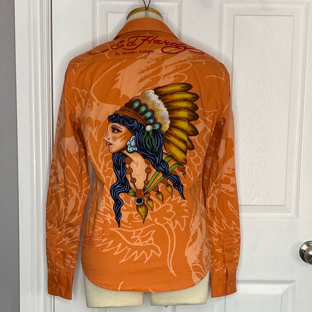 Ed Hardy Orange Tattoo Graphic Button Down Y2K Western Shirt L - Picture 16 of 16